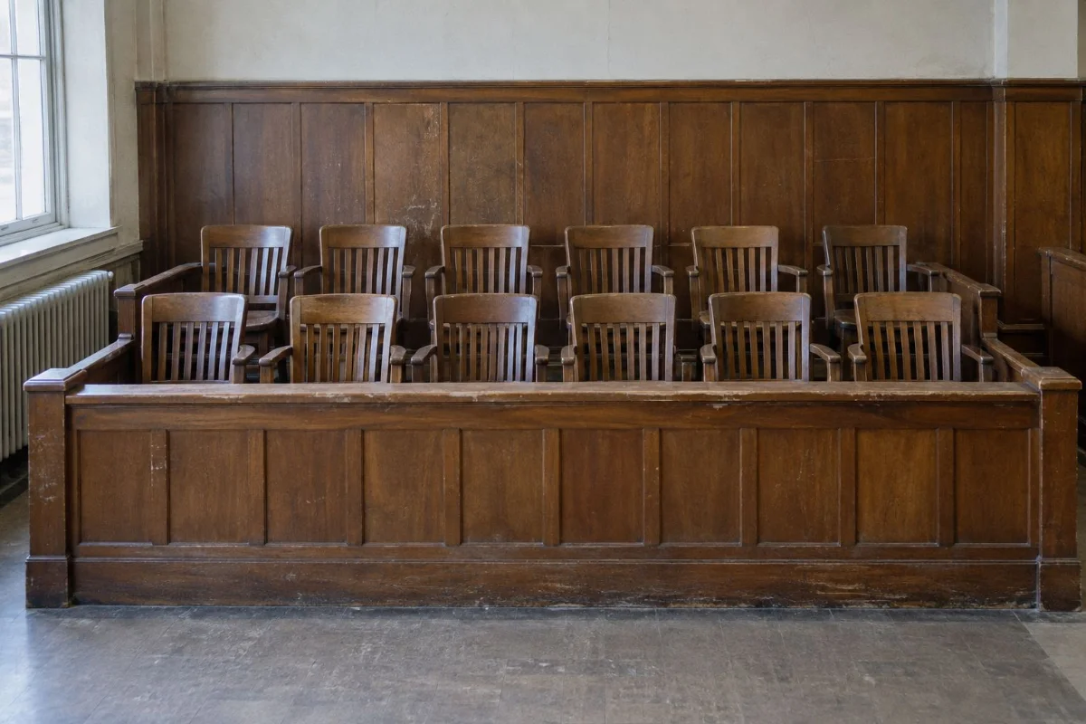 An empty jury box in a wood-panelled courtroom.
